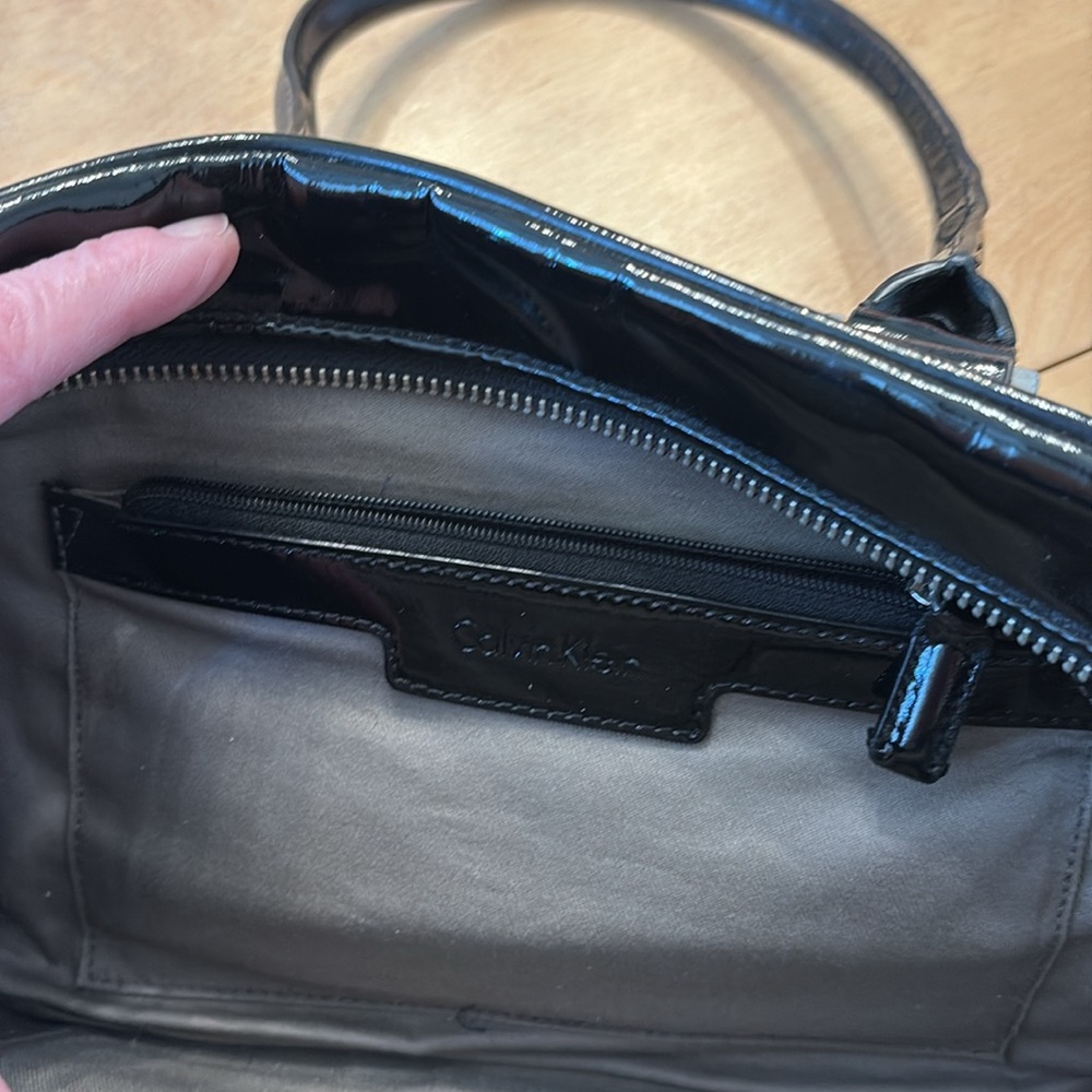 Calvin Klein Black Patent Leather Satchel Hand Bag with Double Top Handles - Picture 9 of 13